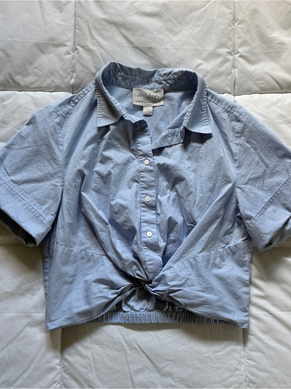 Anthropologie Maeve Light Blue Twist-Front Crop Shirt